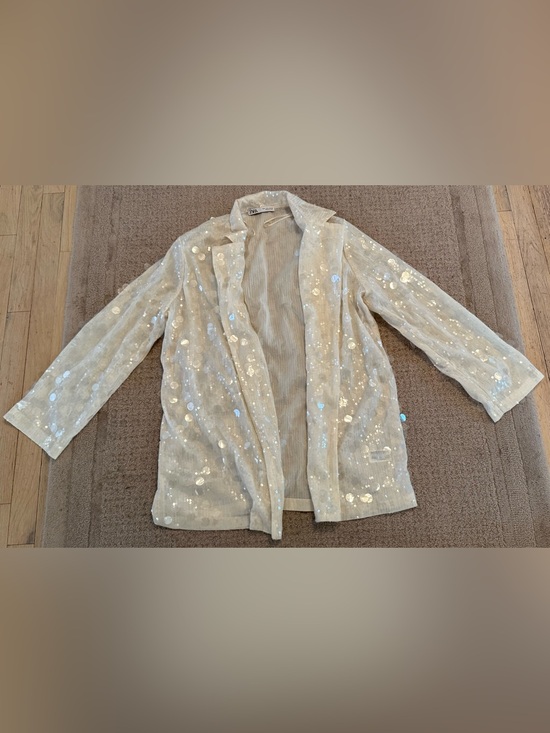 Zara Jackets & Blazers - Zara Sheer Sequin Blazer Jacket Ivory Iridescent Open Front Party Size L Large
